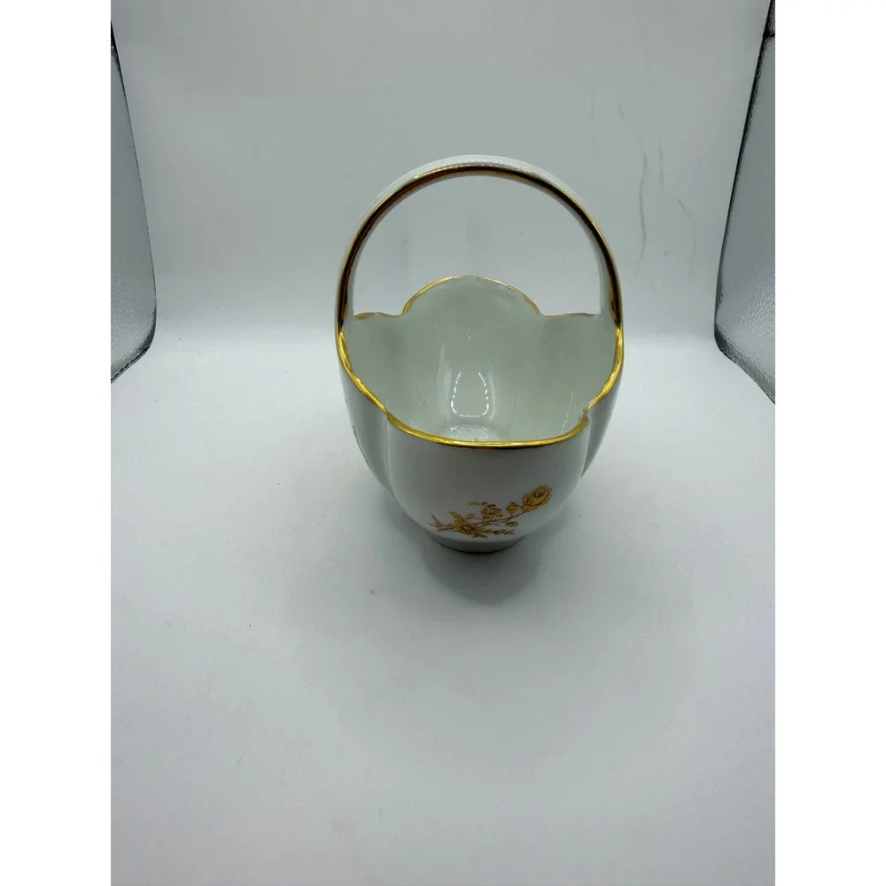 Vintage Limoges France Porcelain‎ Basket Yellow Rose Gold Gilt Trim Scalloped